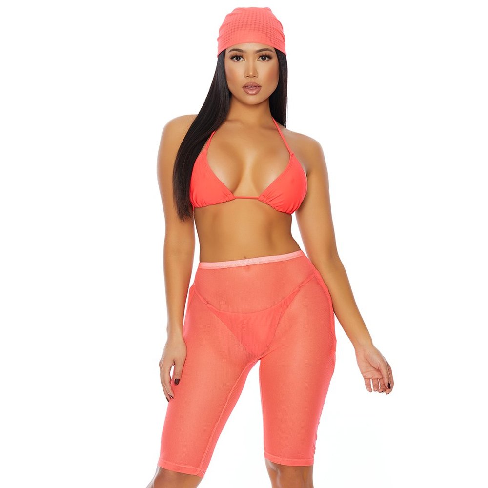 Halter Bikini Set with Matching Coverup Shorts and Head Wrap - Coral
